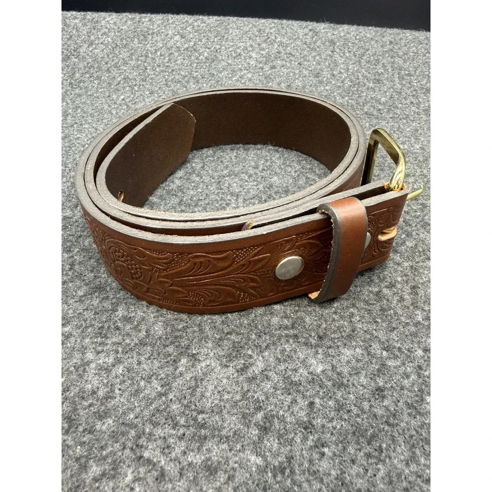 Unbranded Belt Floral Tooled Top Grain Leather Brown Unisex Made In USA Vintage